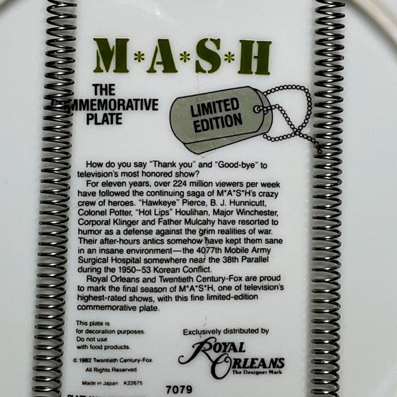 MASH 4077th Collector Plate 1982 Limited Edition Twentieth Century-Fox Film Corp - Picture 4 of 5